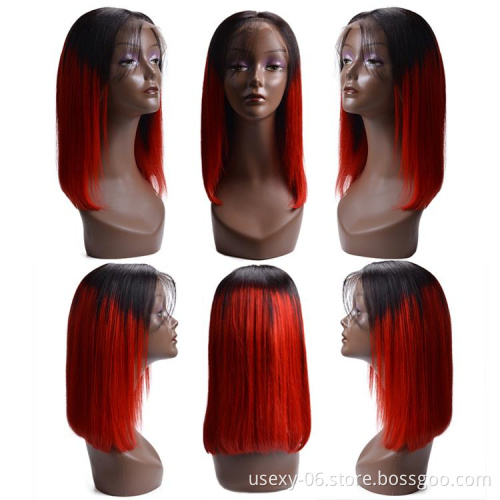 Best Quality Unprocessed Virgin Brazilian Hair Wigs Ombre Bob Wig Colour 1B/red Human Hair Lace Front Wig For Black Women